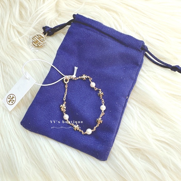 NWT Tory Burch Kira Pearl Chain Bracelet 18k Gold Ivory 74071 - Picture 3 of 4